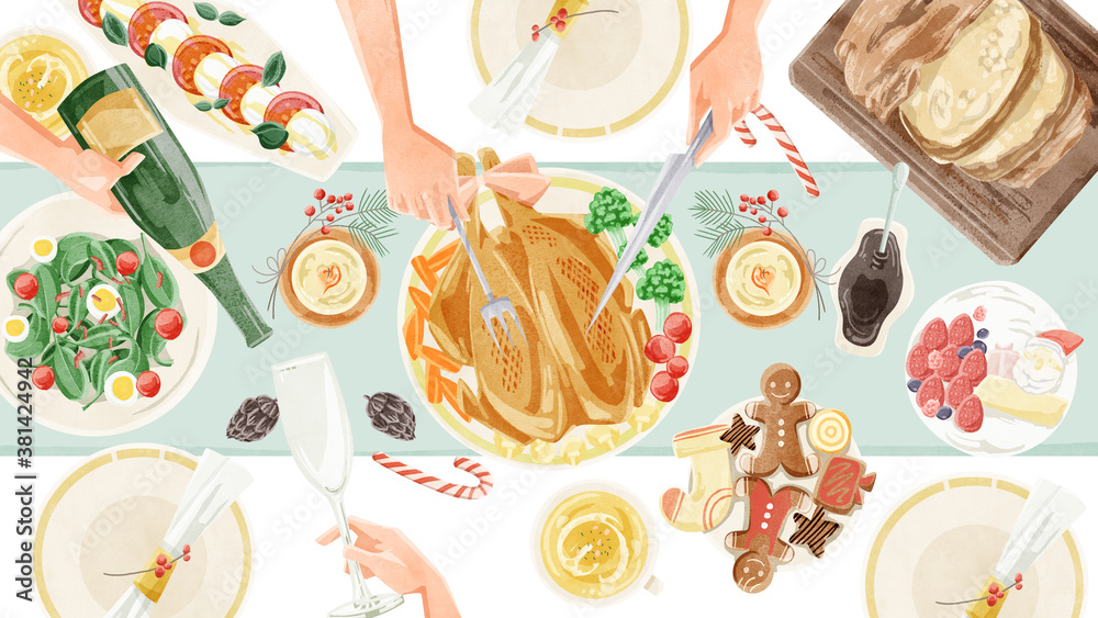 クリスマスパーティーの食卓風景水彩イラスト Stock Illustration Adobe Stock クリスマスパーティーの食卓風景水彩イラスト Stock Illustration Adobe Stock