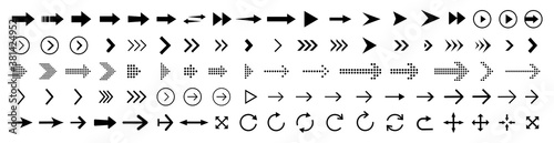 Arrows set of black icons. Arrow icon vector illustration. Various arrows isolated with the ability to change the thickness and dimensions of the arrow elements. Vector illustration