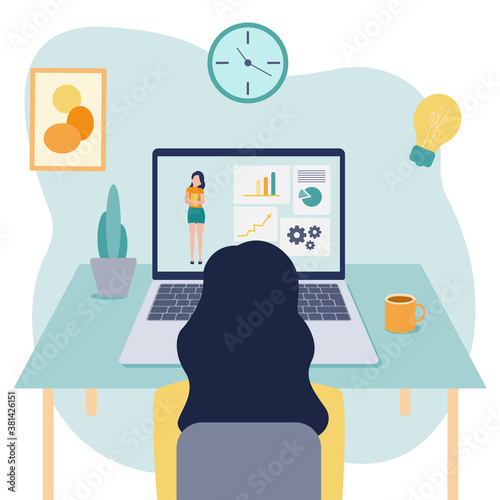 Vector flat illustration of learning online at home. The girl is sitting in front of her laptop and looking at the screen
