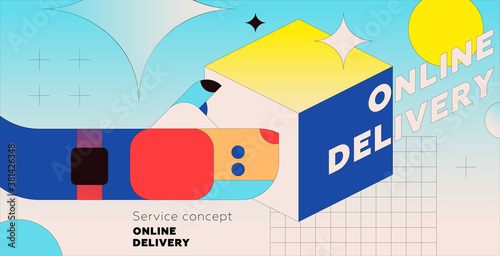 Online express delivery service. Delivery man with package for fast and free trendy shopping design. Eps10 vector illustration