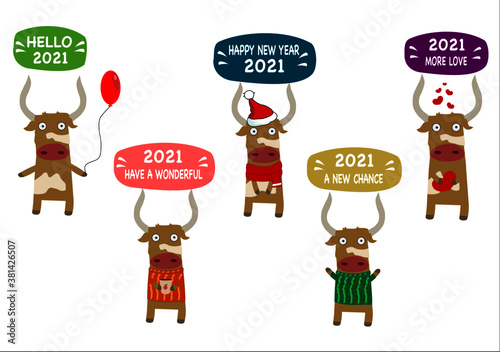 Set of creative greeting cards. New year 2021 with a cute bull. Symbol of the year in the Chinese calendar. Vector illustration of an isolated cartoon.