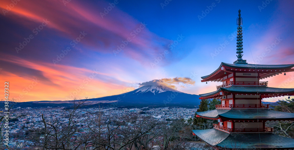 Chureito red pagoda with Japan Beautiful view of mountain Fuji background, Fujiyoshida, Yamanashi, Japan.