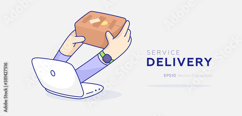 Online express delivery service. Delivery man with package for fast and free trendy shopping design. Eps10 vector illustration