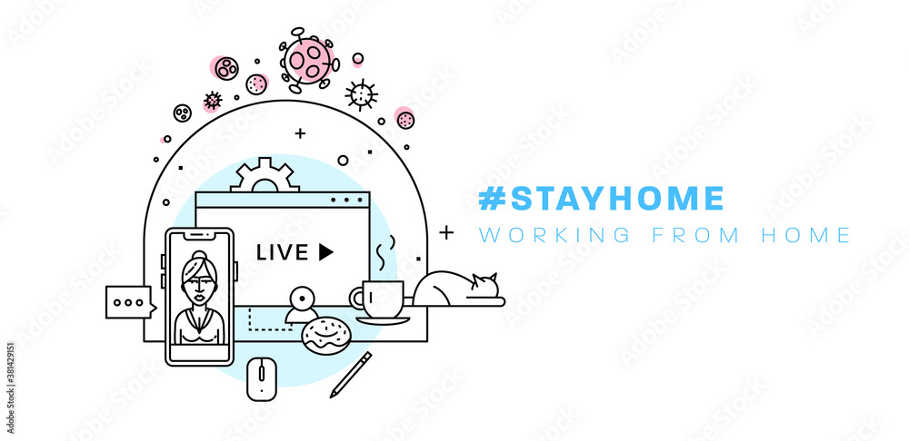 Naklejka premium Quarantine workplace. Safe remote working from home concept. Online education and communication service. Work outside of a traditional office environment with network technologies. Eps10 vector