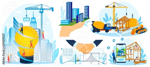 Building construction project design vector illustration set. Cartoon flat tiny worker builder people construct and build modern house, engineer character designing city architecture isolated on white