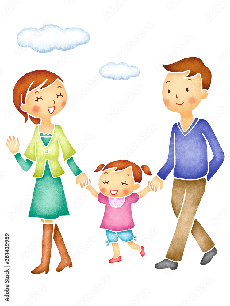 子供と散歩する夫婦