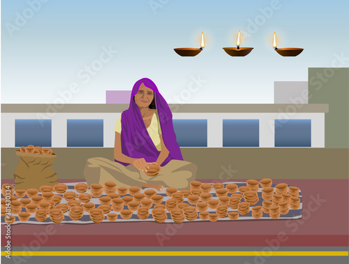 Vector illustration of Indian women selling earthen oil lamps