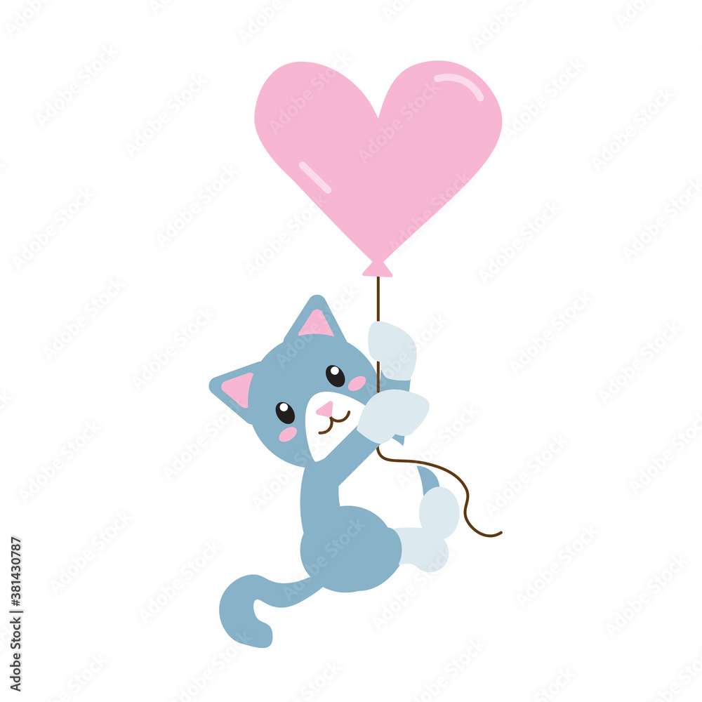 A blue cat hanging pink heart-shaped balloon. Cute and simple flat vector illustration. A blue cat hanging pink heart-shaped balloon. Cute and simple flat vector illustration.