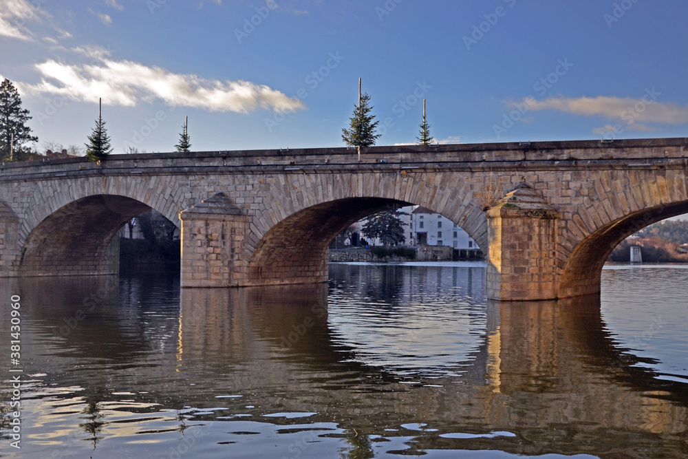 Brives-Charensac, France - December 24th 2019 : View of the Pont Galard (Galard bridge), built in the 18th century. It's the main bridge of the city.