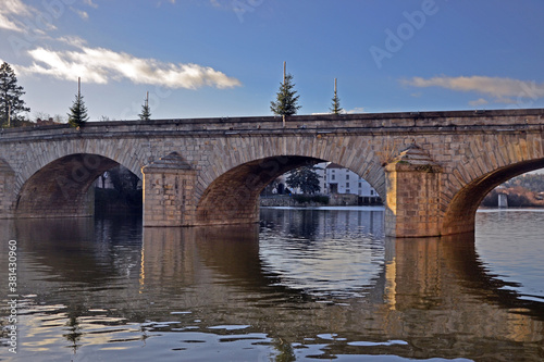 Brives-Charensac, France - December 24th 2019 : View of the Pont Galard (Galard bridge), built in the 18th century. It's the main bridge of the city.