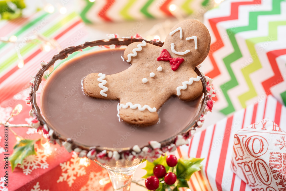 Drunken Gingerbread cookie man in a Christmas cocktail