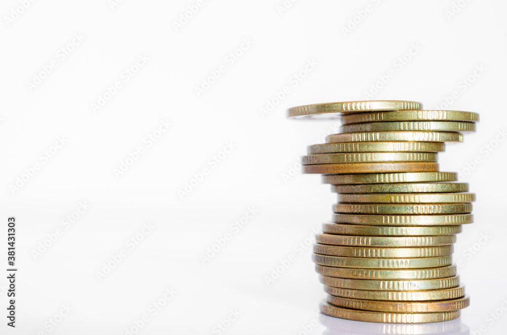 gold coin stack row growing pile on white background for money saving and investment business financial and banking concept. gold coin stack row growing pile on white background for money saving and investment business financial and banking concept.
