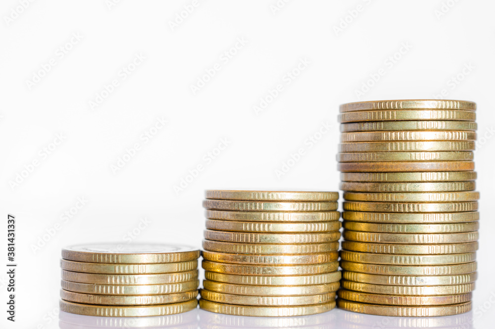 gold coin stack row growing pile on white background for money saving and investment business financial and banking concept. gold coin stack row growing pile on white background for money saving and investment business financial and banking concept.