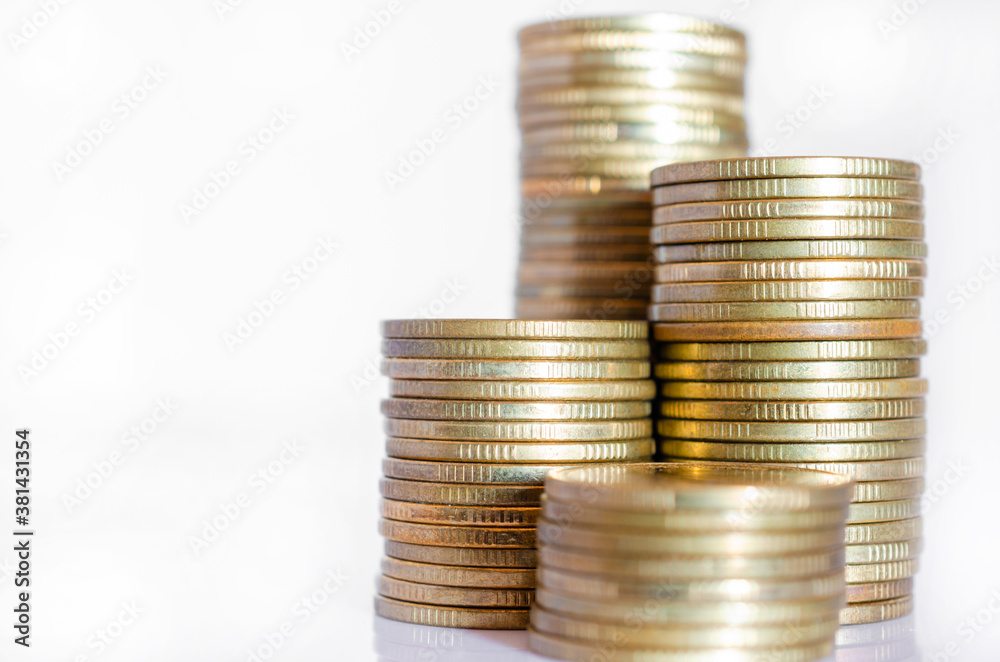 gold coin stack row growing pile on white background for money saving and investment business financial and banking concept. gold coin stack row growing pile on white background for money saving and investment business financial and banking concept.