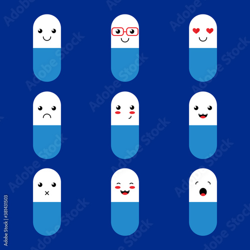 Set, collection of cute and smiling cartoon style pills characters, emoji for medical, health care design.