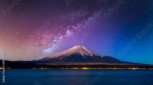 Fuji mountain at yamanachi in Japan, Fuji mountain at night with milky way galaxy and Kawaguchiko lake, Japan.