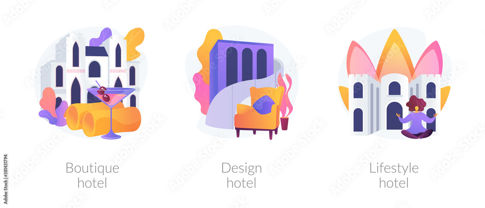 Modern accommodation metaphors. Boutique hotel, design hostel interior, lifestyle motel. Fashionable apartment. Luxury hospitality service. Vector isolated concept metaphor illustrations.