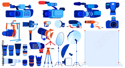 Photo video camera equipment vector illustration set. Cartoon flat professional photographer cameraman collection for studio shooting or filming, videography photography modern tools isolated on white