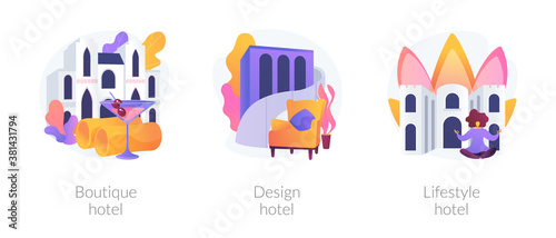 Modern accommodation metaphors. Boutique hotel, design hostel interior, lifestyle motel. Fashionable apartment. Luxury hospitality service. Vector isolated concept metaphor illustrations.