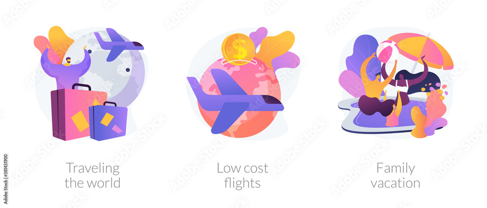 Summer recreation and adventure metaphors. Traveling the world, low cost flight, family vacation. Sea resort holiday. Cheap plane tickets. Vector isolated concept metaphor illustrations.