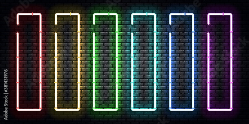 Vector set of realistic isolated neon sign of vertical frame for template and layout.