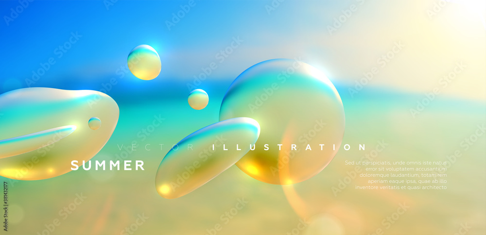 Tropical beach with sunlight, defocused sand and ocean, liquid dynamic water drops fluid shape. Summer background. Business travel and vacation concept illustration. Eps10 vector. Tropical beach with sunlight, defocused sand and ocean, liquid dynamic water drops fluid shape. Summer background. Business travel and vacation concept illustration. Eps10 vector.