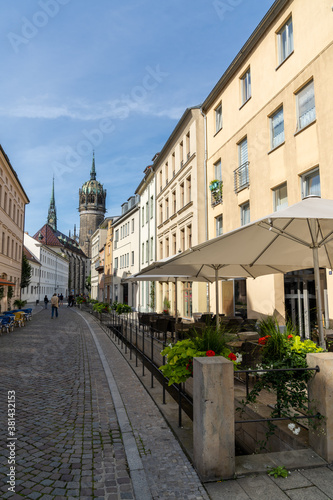 view of the historic Schlossstrasse street in historic old town Wittenberg