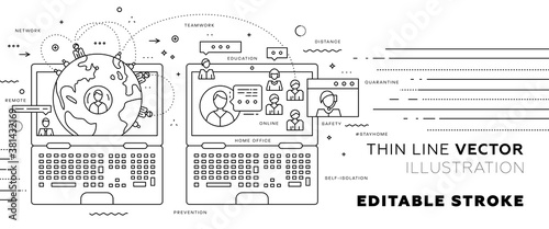 Safe remote working from home concept. Online communication service. Virtual team. Work outside of a traditional office environment with network technologies. Eps10 vector illustration