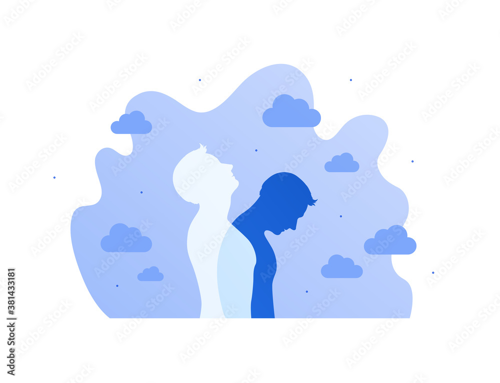 Mental help, psychotherapy and depression illness concept. Vector flat illustration. Human silhouette in hope and despair emotional pose on cloud background. Design element for psychology banner. Mental help, psychotherapy and depression illness concept. Vector flat illustration. Human silhouette in hope and despair emotional pose on cloud background. Design element for psychology banner.