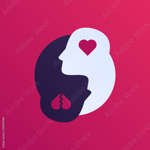 Mental help, psychotherapy and depression emotion concept. Vector flat illustration. Human head silhouette with heart broken symbol. Design element for psychology banner, poster, logo.