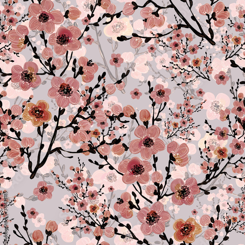 Beautiful floral seamless pattern painted by paints spring branches