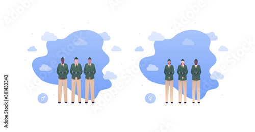 Army patriotism concept. Military infantry officer character in uniform. Vector flat people illustration. Man and woman diverse caucasian, african, hispanic group. Design for banner, web, infographic