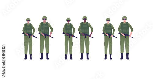 Army patriotism concept. Military infantry character in uniform. Vector flat people illustration. Man and woman group with helmet, weapon in vest isolated on white. Design for banner, web, infographic