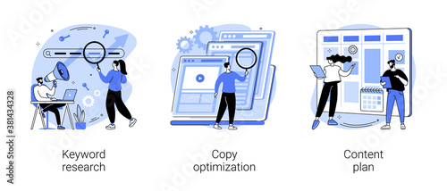 Professional SEO services abstract concept vector illustration set. Keyword research, copy optimization, content plan, web campaign, search engine, online social media planner abstract metaphor.