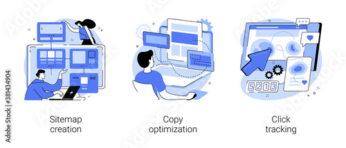 Website optimization abstract concept vector illustration set. Sitemap creation, copy optimization, click tracking, SEO analytics software, online business, target keyword, web text abstract metaphor.