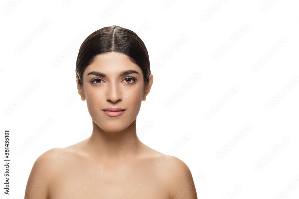Close up. Portrait of beautiful jewish woman isolated on white studio background. Beauty, fashion, skincare, cosmetics concept. Copyspace for ad. Well-kept skin and natural fresh look. Healthy and