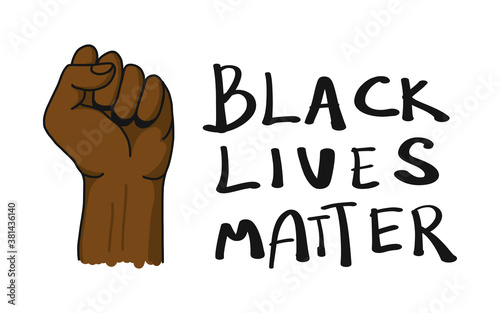 Black lives matter background with raised black fist against police brutality. Protest against racial discrimination of black people. Vector illustration