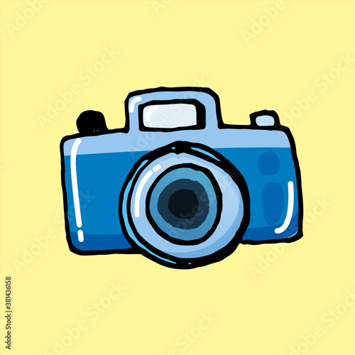 vector illustration of digital camera icon isolated on yellow background. hand drawn vector. modern scribble for kids, sticker, clip art, logo, competition, poster. doodle camera. cartoon style. 