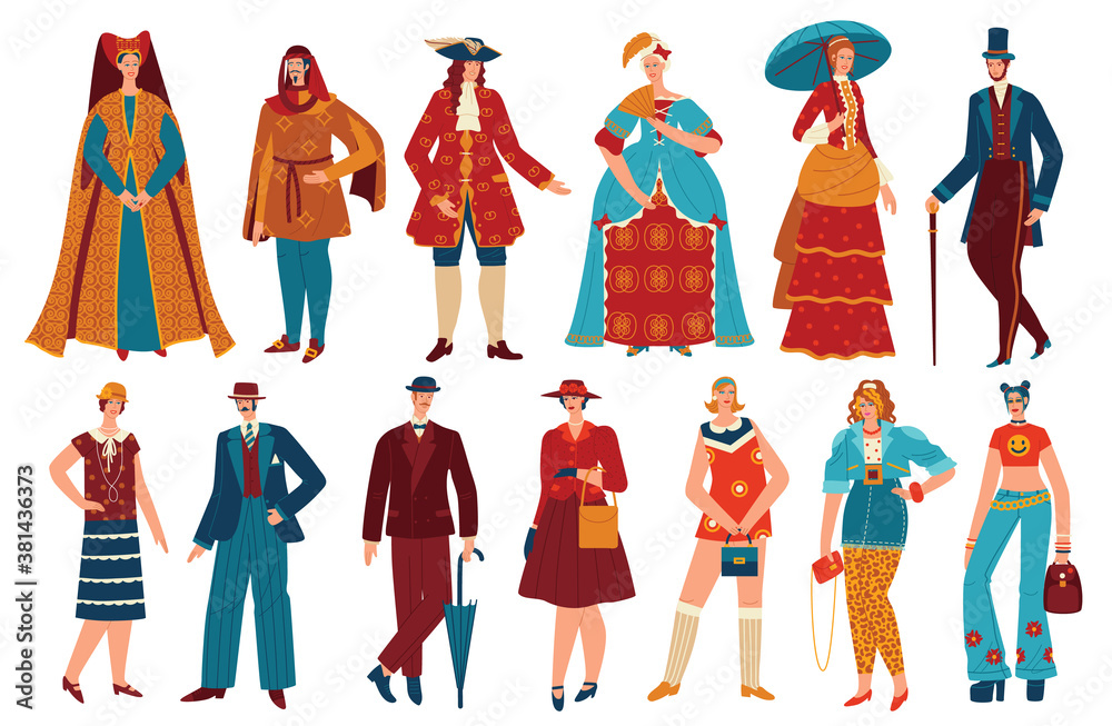 Fashion people in history vintage costume vector illustration set. Cartoon flat fashionable style evolution for man woman characters collection with historical clothing design isolated on white