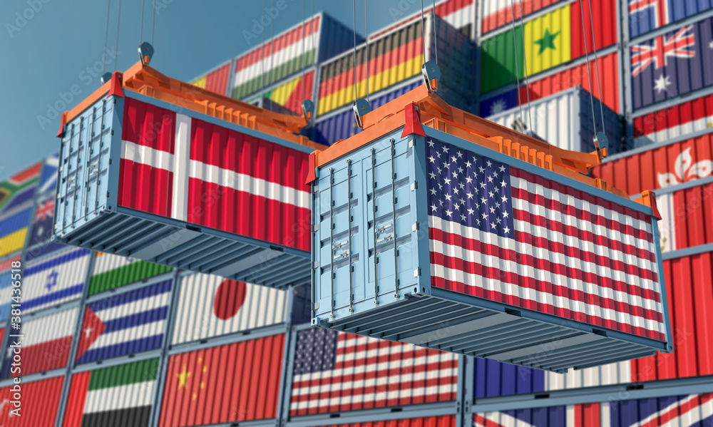 Freight containers with Denmark and USA national flag. 3D Rendering