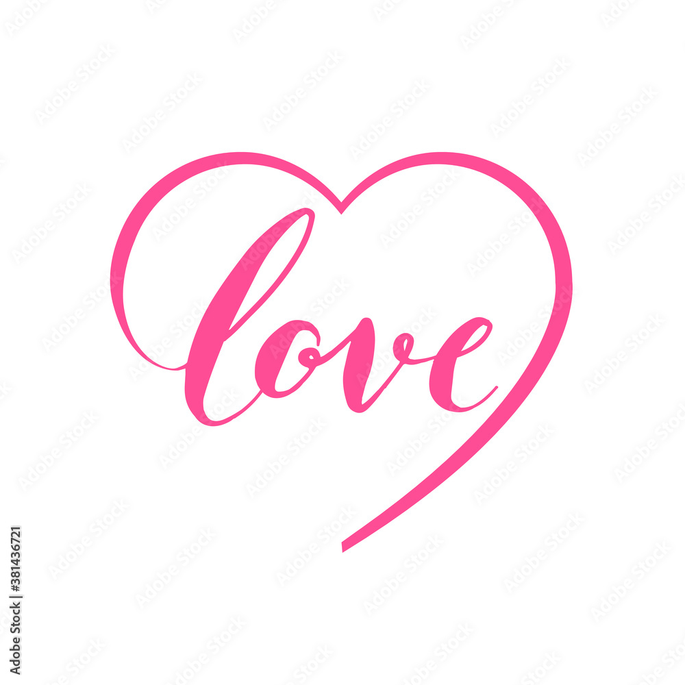 Pink Calligraphy word Love. Vector Valentines Day Hand Drawn lettering. Heart Holiday Design valentine card. love decor for web, wedding and print. Isolated illustration Pink Calligraphy word Love. Vector Valentines Day Hand Drawn lettering. Heart Holiday Design valentine card. love decor for web, wedding and print. Isolated illustration