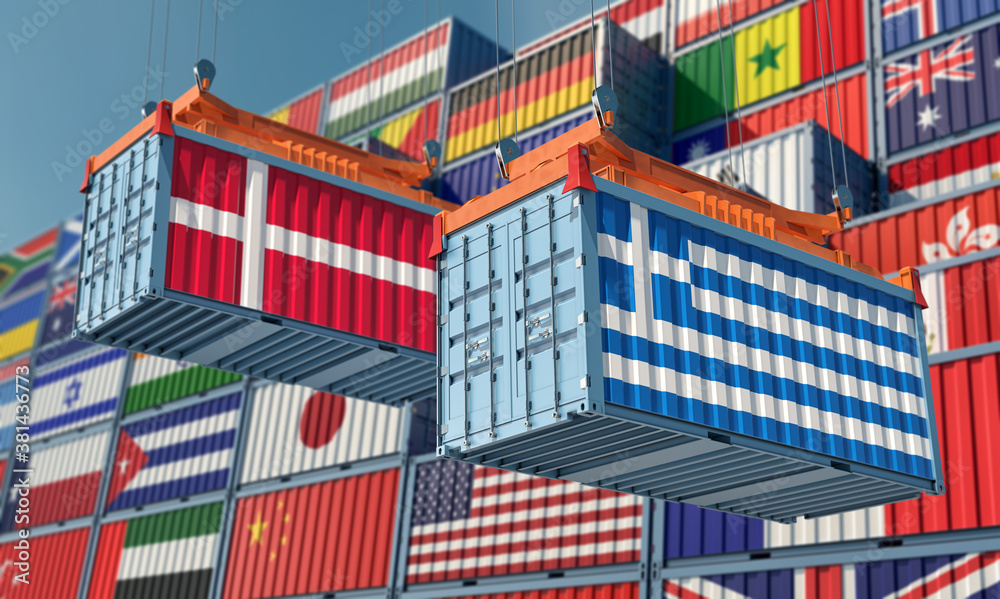 Freight containers with Denmark and Greece national flag. 3D Rendering