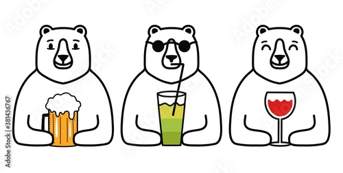 Vector illustration with bear animal set with drinks. Red wine, glass of bear and green cocktail. Funny apparel print, party template flyer design, wall decoration poster