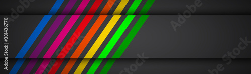 Modern rainbow colored lines on black header. Vector illustration for your presentation. Simple banner for your business