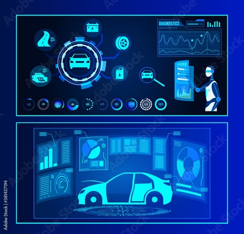 Car auto futuristic service vector illustration. Cartoon 3d virtual graphical interface with automotive statistics report, analysis and diagnostics, blue digital hud ui of future automobile transport