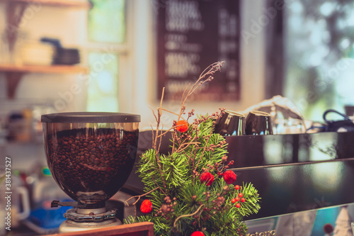 vintage coffee shop with coffee beans and equipment background