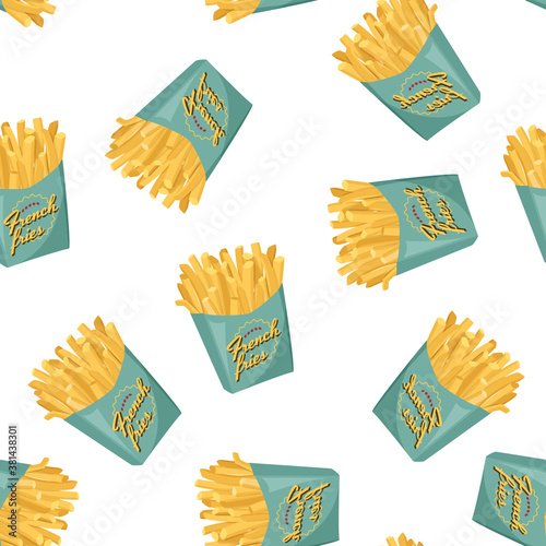 French fries in green paper box background. Fastfood vector seamless pattern.