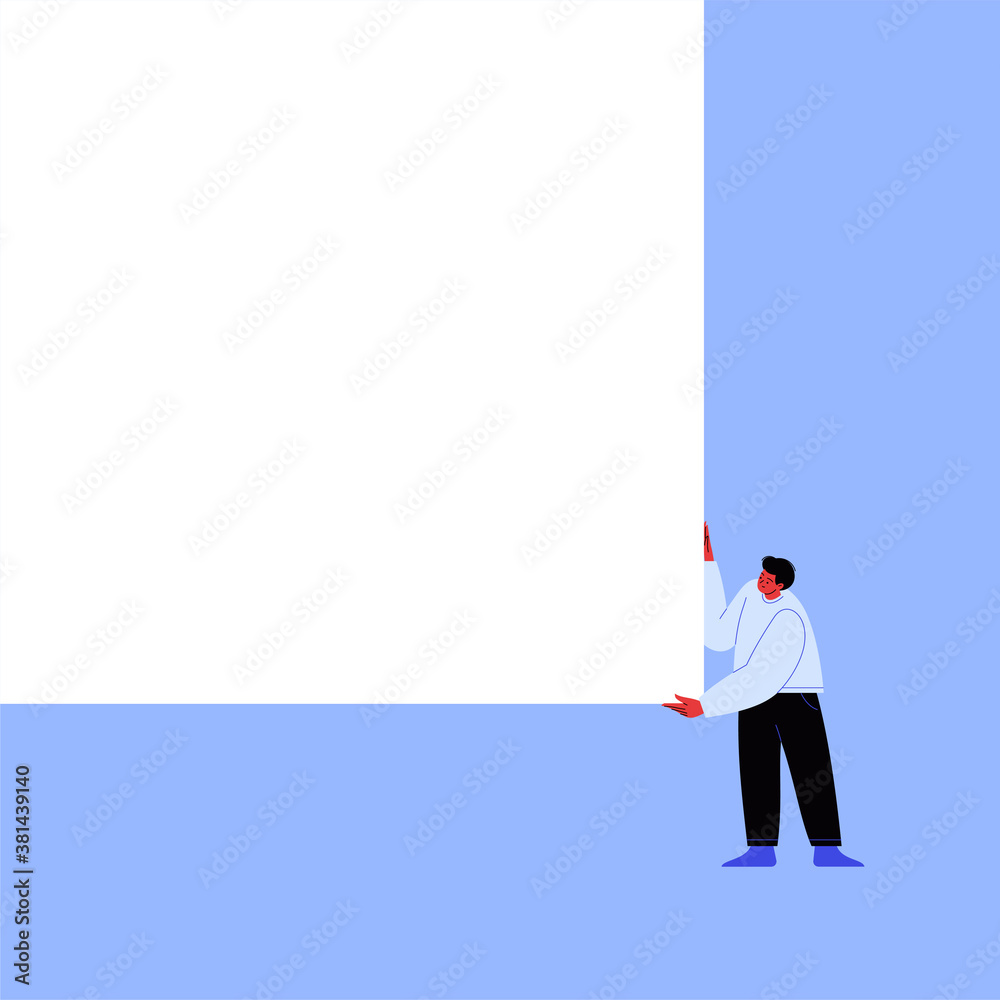 Character with a blank white page. Flat illustration of a man with black hair holding white paper. Template for your content. Character with a blank white page. Flat illustration of a man with black hair holding white paper. Template for your content.