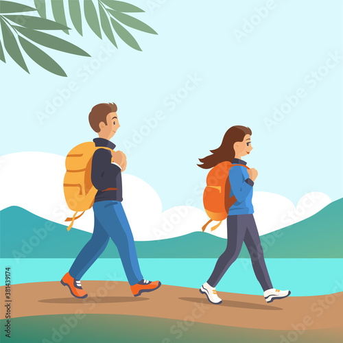 Young married couple with backpacks in nature. Happy man and woman are walking along the road along the lake. Vector cartoon illustration.