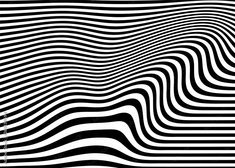 Black and white striped vector pattern of wavy lines. Modern vector background